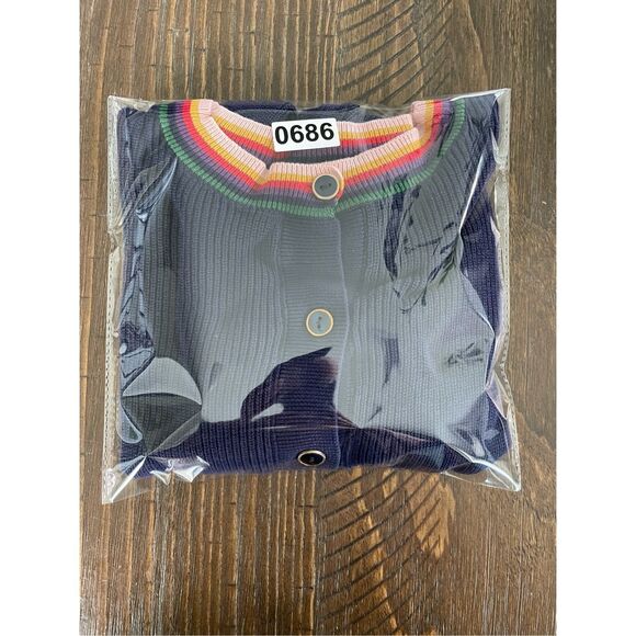 ModCloth Cardigan Womens S Navy Rainbow Trim Button Front Cropped Sweater Casual - Picture 8 of 8